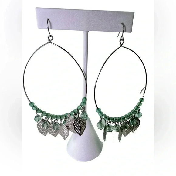 3” Handmade Pastel Green Beads With Silver Leaves Hoop - Light Green Boho Plants - Picture 2 of 5